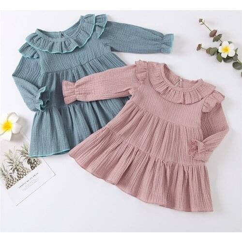 Pudcoco 2021 Toddler Baby Girl Fall Dress Casual Long Sleeve Round Neck Solid Color Ruffle A Line Loose Dress 1-4T