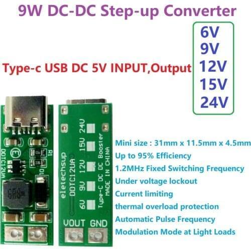 9W mini Type-C USB DC 5V to 6V 9V 12V 15V 24V DC DC Boost Step-up Converter PWM PFM Voltage Regulator Module