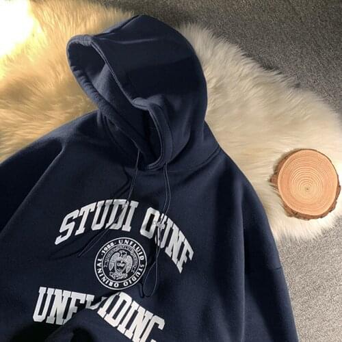 Letters Printed Simple Vintage Navy Hoodie Teens Girls Oversized Sweatshirt New Women Warm Thick Winter Tops Harajuku Hoodie