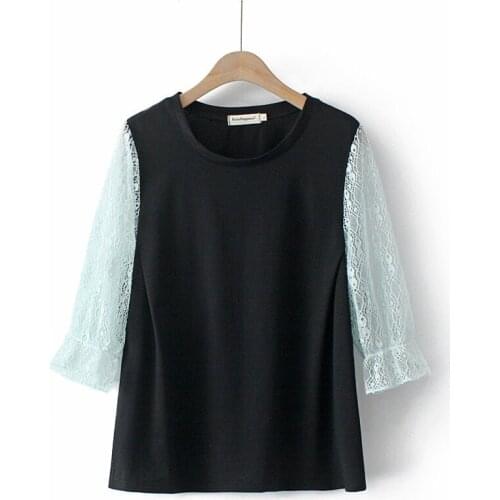 Plus Size XL-4XL Womens 3/4 Sleeve Patchwork Tshirts Spring Summer Vintage Slim Tops Oversized Tee