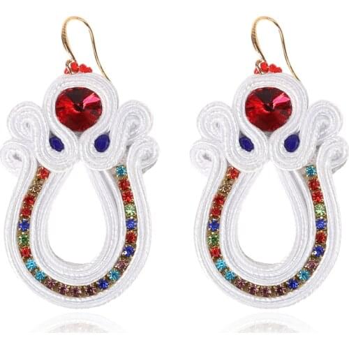 Handmade Soutache Dangle earrings for women white Cut out Earring shiny red crystals Drop piercing boho beautiful Trendy jewelry