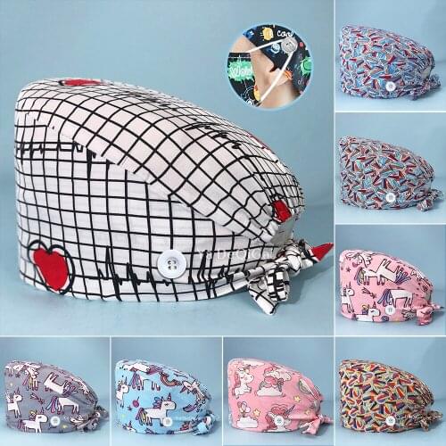 High Quality Pet grooming scrubs caps Dust-proof working caps cartoon printing Tooth Beauty work hats with Sweat towel wholesale