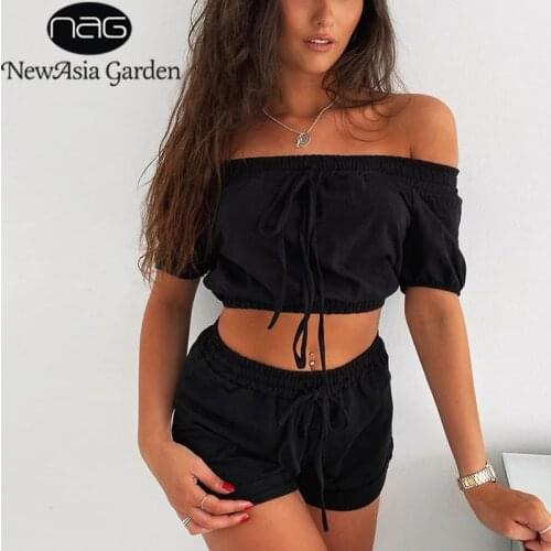 NewAsia Summer 2 Piece Set Women Off The Shoulder Crop Top And Shorts Set Loungewear Tracksuit Two Piece Fitness Clothes Jogging