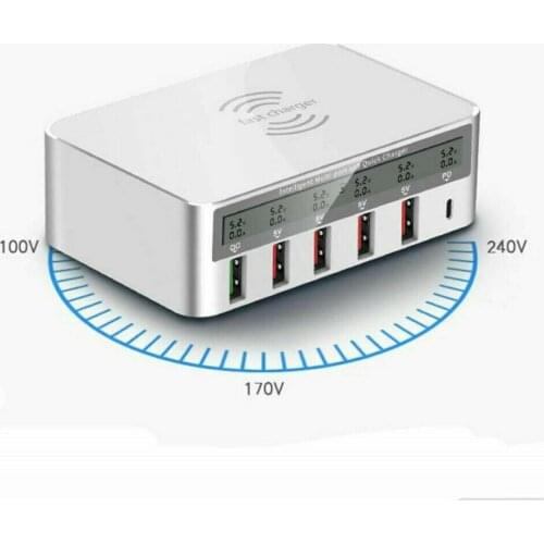 High Qualiry 6 Ports Multi-use QC 3.0 LCD USB Hub PD Type C Desktop QI Wireless Fast Charger