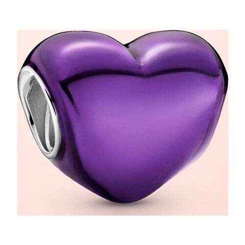 New 925 Sterling Silver Metallic Purple Heart Charm fit Original Pandola Bracelet 2021 women DIY fine Jewelry Valentine Day Gift