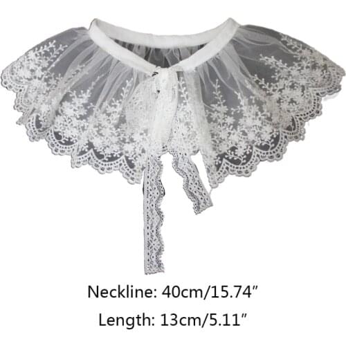 Women Girls Pleated Mesh Tulle Fake Collar Shawl Necklace Sweet Embroidery Floral Lace Wavy Trim Half Shirt Dickey Lace-Up 066F