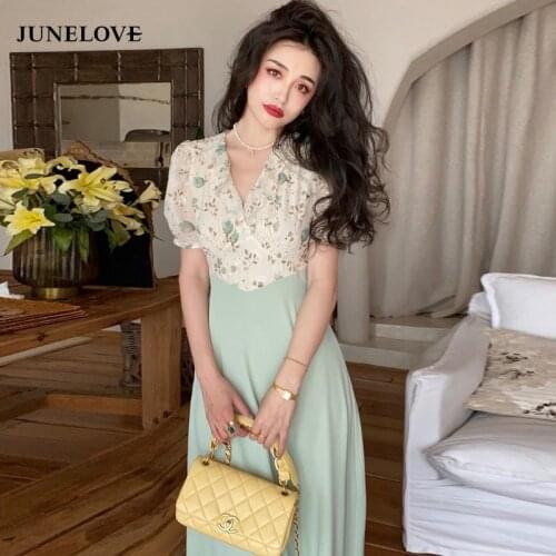 JuneLove One Piece Dress Korean Short Sleeve Thin Elegant Dresss Women Casual Floral Printed Midi Dress Office Lady 2021 Summer