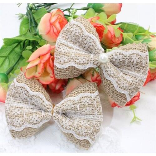 Hot 10pcs Natural Jute Burlap Hessian Ribbon 9 color Bowknot Vintage Wedding Craft Scrapbooking lace Hair Bow Hat craft DIY