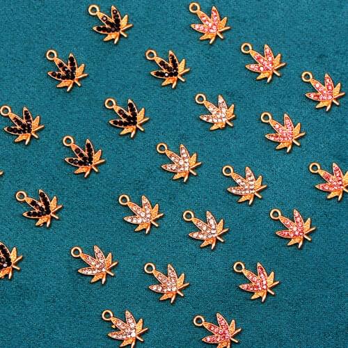 10Pcs Colorful Rhinestone Maple Leaf Cute Charms Gold Color Zinc Alloy Tree Leaves Mini Charm For Making Jewelry Accessories