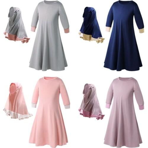 Girls Muslim Long-sleeved Dress ChildrenTurkey Dubai Arabian Clothes With Hijab 2Pcs Middle East Kids Ramadan Clothing 2-7 Years