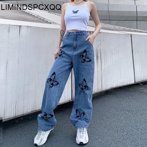 2021 Summer Vintage Jeans Woman Long Trousers Cowboy Female Loose Streetwear Butterfly Print Pants Clothing Pantalones De Mujer