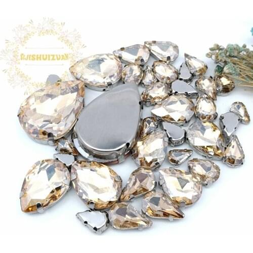 8 SIZES 35PCS Free shipping! Champagne Water drop shape Glass Crystal sew on rhinestones with calw Diy wedding decoration