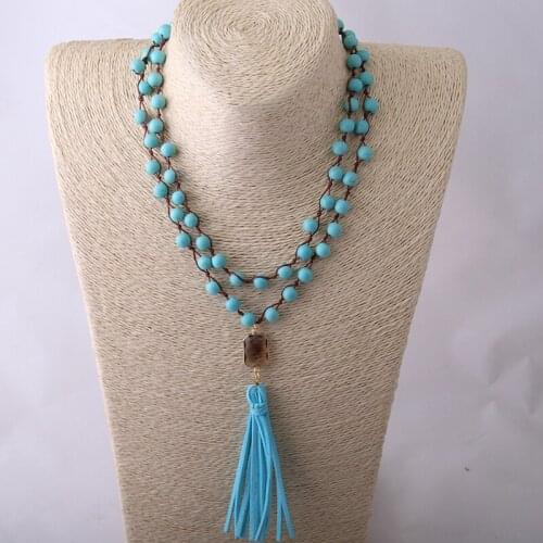 Fashion Blue Stone Bohemian Jewelry brown Crystal and Blue Tassel Necklace