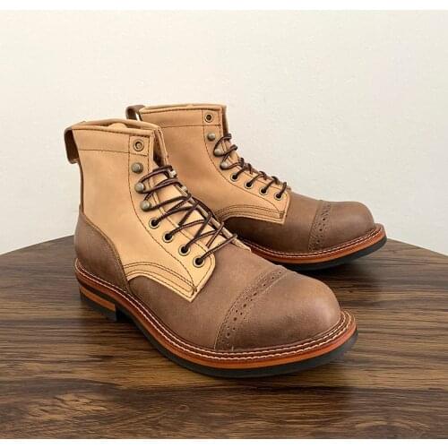 Vintage British Tooling Boots Handmade Cow Leather Men Shoes Round Toe Mixed Colors Ankle Boots Platform Motorcycle Boots Autumn