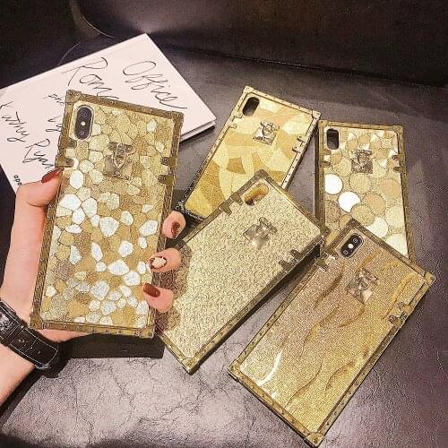 Hot 3D Luxury Square Gold Glitter Case for iphone 11Pro X XR XS MAX 7 8 Plus For Samsung Galaxy S10 S9 Plus Note 10 9 Back Cover