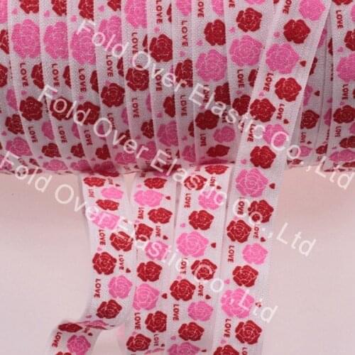 100yards Valentine rose printed folding elastic, shinny foe ribbon for girls headbands