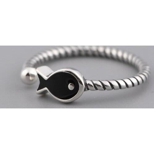 FNJ 925 Silver Animal Black Fish Ring Original S925 Sterling Silver Rings for Women Jewelry Open Adjustable Size