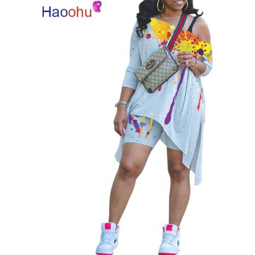 HAOOHU Summer Loose Sets Women Three Quarter Sleeve Skew Collar Long T-shirts Sheath Elastic Short Pants 2 Piece Set Streetwear
