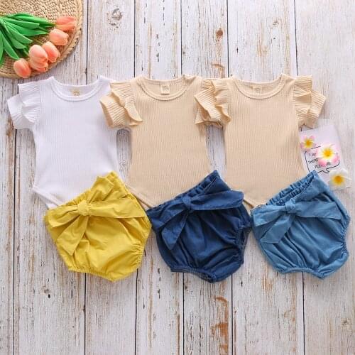 Baby Girls 2PCS Clothes Set Solid Ruffle Short Sleeve Round Neck Button Jumpsuit Elastic Shorts