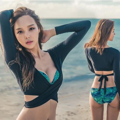 3-Piece Set Long Sleeve Swim Suit Womens Bikini Set Underwired Bra Sexy Briefs Swimming Swimwear Printed Blue Black Low Waist