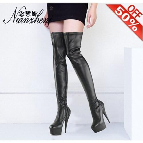 Spring Hot sale Patent leather Round toe Thick platform Over the knee Boots 6 inches Gothic Concise 15cm High heels Pole dancing