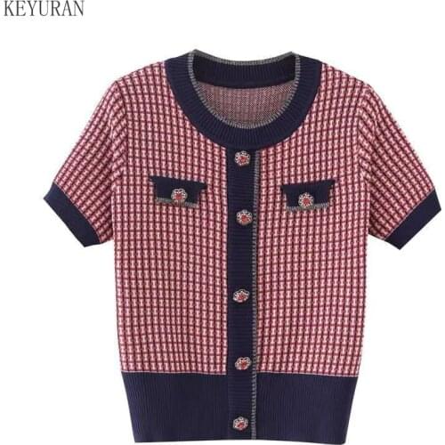 Fake Cardigan Plaid Pullover Crop Tops for Women 2021 Summer Knit Shirt O-Neck Crystal Buttons 2 Pocket High Waist Sweater Shirt
