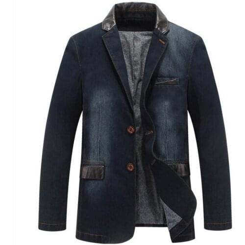 Mens Denim Blazers Men Jeans Blazer Slim Fit Leather Denim Jacket Men Blazer Leather Stitching Denim Coat