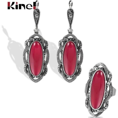 Kinel Hot Boho Red Stone Earring Ring Sets For Women Tibetan Silver Gray Crystal Ethnic Bride Wedding Oval Earring Vintage Jewel
