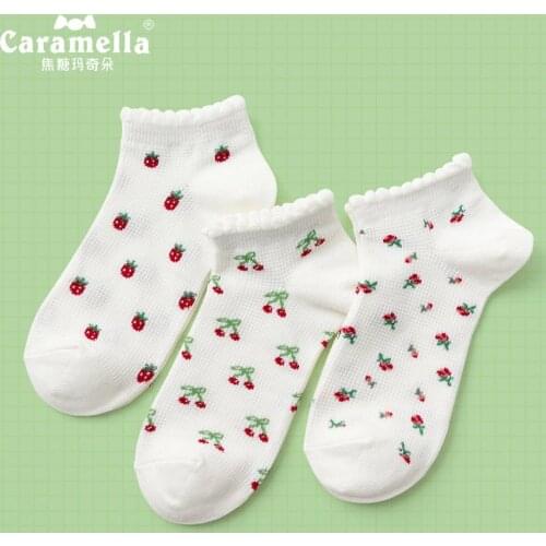 Caramella 2020 New Design Women Socks 3Pairs Cute Strawberry Cherry Girls Invisible Socks Funny Spring Cotton Ankle Lady Socks