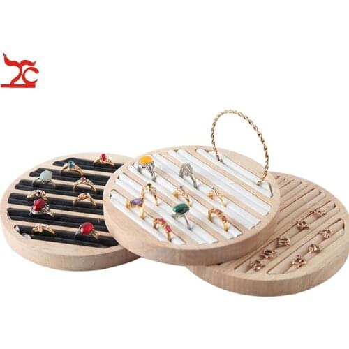Ring Stand Bamboo Wood Ring Display Tray Round 6 Long Slot Bracelet Tray Ring Leather Inlaid Jewelry Storage 15*15*2cm