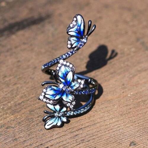 Adjustable Ring Elegant Women Open-end Design Three Blue Butterflies Ring Fashion Jewelry Accessories Supplies
