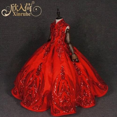 Real Picture Luxury Girls Red Princess Birthday Party Ball Gowns Red Puffy Celebration Children Girls Celebration Prom Gowns