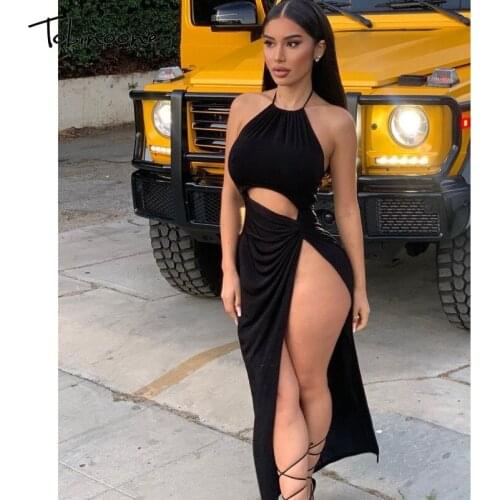 Tobinoone Sexy Halter Backless Split Bodycon Dress Shiny Sexy Club Wear Long Dress Elegant Sleeveless Slim Party Dress Vestidos