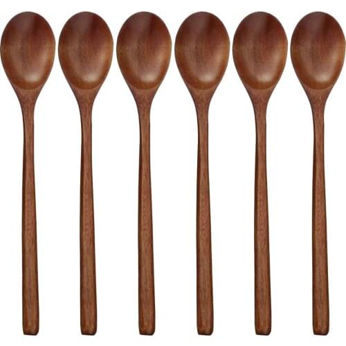 Japanese Style Wooden Spoons, 6 Pieces Wood Soup Spoons for Eating Mixing Stirring Cooking, Long Handle Spoon Set