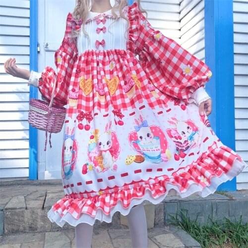 Japanese Sweet Lolita Soft Girl Dress Kawaii Peter Pan Collar Flare Sleeve Cute Ruffle Bow Cartoons Rabbit Drees Retro Dresses