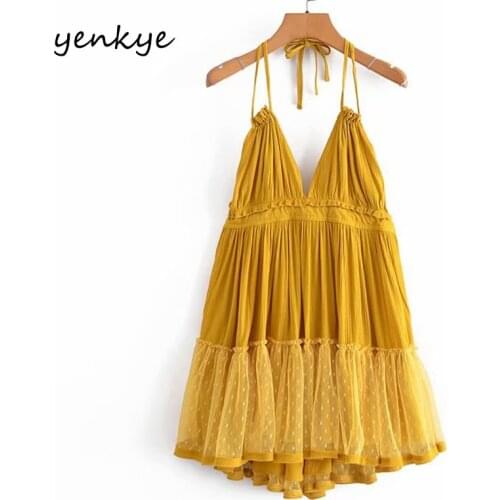 YENKYE Sexy Backless Halter Sling Dress Women Mesh Patchwork V Neck Holiday Summer Beach Dress Short Vestido Plus Size