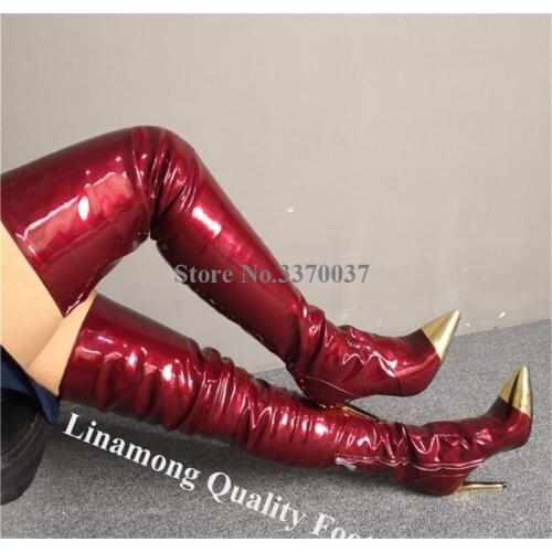 Linamong Fashion Gold Pointed Toe Stiletto Heel Over Knee Boots Red Patent Leather Slim Long High Heel Boots Dress Shoes