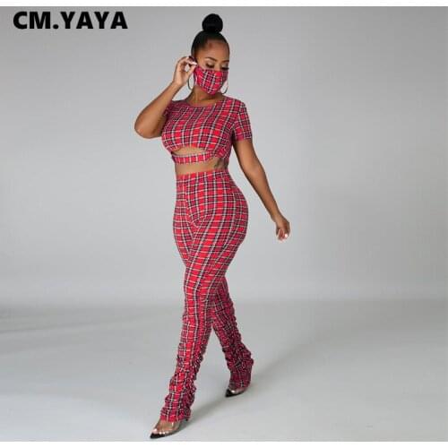 CM.YAYA Plaid Tracksuit Stacked Bellbottom Ruched Pants Set for Women Short Sleeve Streetwear Matching 2 Two Piece Set Outfits