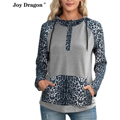 Women Hooded Long Sleeve Sweater Tops Leopard Stitching Contrast Color Autumn Winter Pullover T Shirt Vintage Blouses Clothes