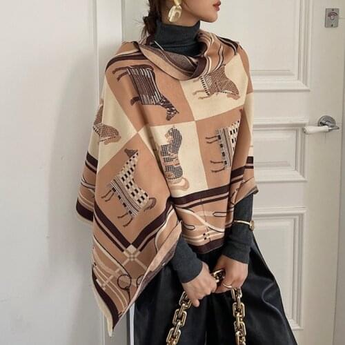 2021 Women Winter Cashmere Scarf Design Print Horse Shawl Wrap Design Print Pashmina Warm Scarves Thick Blanket Female Echarpe
