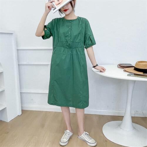 2021 Summer New Korean Solid Color High Waist Lady Work Dress Round Neck Fashion Short Sleeve Casual Dress Female Robe aq1025