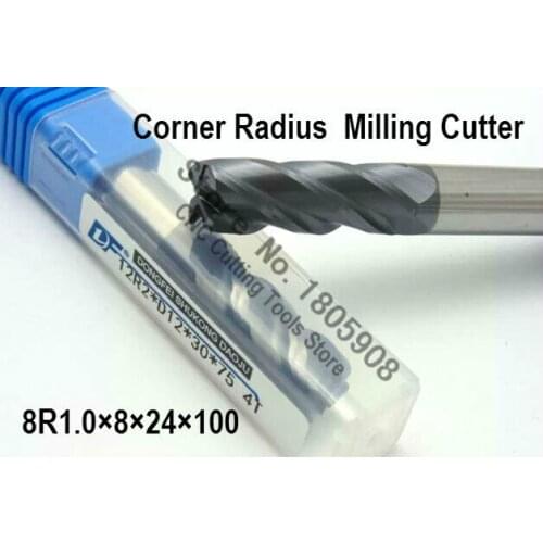 1PCS 8R1.0*8*24*100 long 8mm 4 flutes Cemented Carbide Corner Radius endmill CNC router bit milling cutter tool