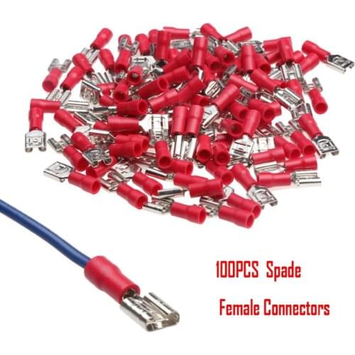 100Pcs FDD1.25-250 Female Insulated Electrical Crimp TerminalS for 0.5-1.5mm2 Wire Cable Connectors AWG 22-18