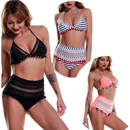 2021 Sexy Halter Retro Mesh Hollow Out String Biquini Bathing Suit Female Swimsuit High Waist Plus Size Swimwear Women Bikini
