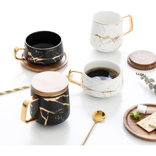 300ml Luxury matte ceramic marble tea coffee Cups and with wood Saucers black and white gold inlay ceramic cups