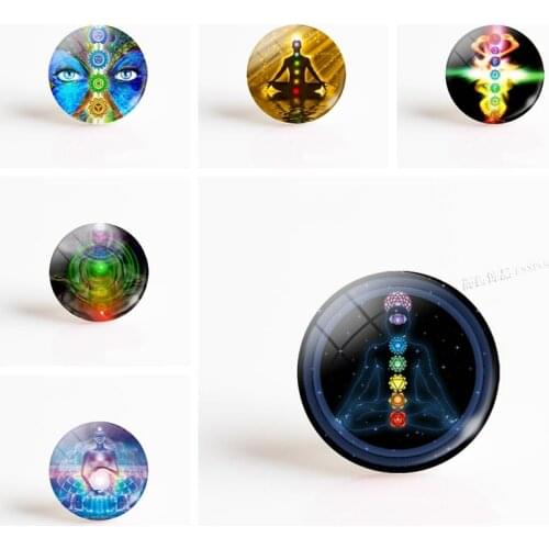 5Pcs/lot Chakra Yoga Jewelry Om Symbol Handmade Jewelry Supply 25 MM Glass Cabochon Handmade Pendant DIY Accessories