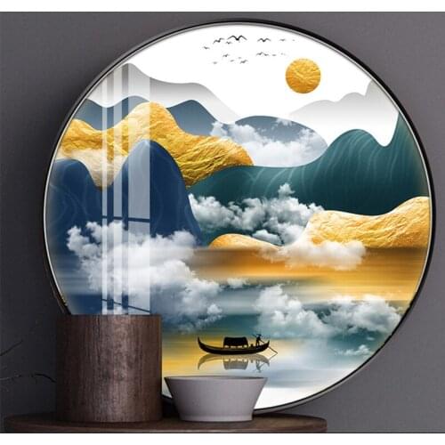 Home Decoration Natural Scenery Canvas Painting Lake Ship Round Poster Modular Picture No Frame For Bedside Background Wall Art