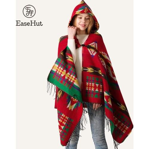 EaseHut Women Spring Boho Hooded Coat Poncho Female Scarves Ladies Warm Shawls Wrap Pashmina Ethnic Capes Blanket Scarf