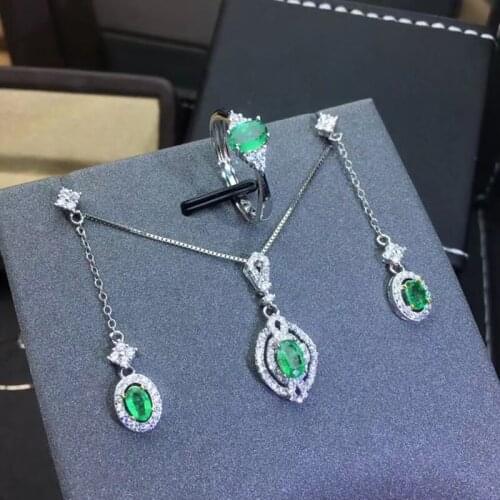 Natural Emerald Jewelry Sets Pendant Ring and Drop Earrings For Women S925 Silver Fine Jewelry Real Emerald Gemstones Hot Sale
