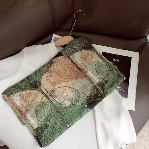Korean Green Women Scarf Ginkgo Leaf Lady Outdoor Cotton Print Elegant Mother Gift Scarves Autumn Shawl Fashion Turban 180*90Cm